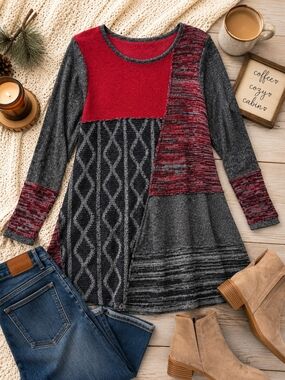 STYLE & CO Women’s Patchwork Long-Sleeve Tunic Top - Red & Gray